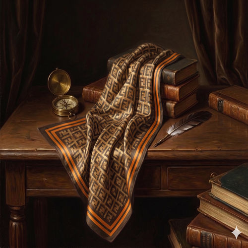 Classic Brown Geometric Silk Scarf – Elegant Patterned Luxury Wrap