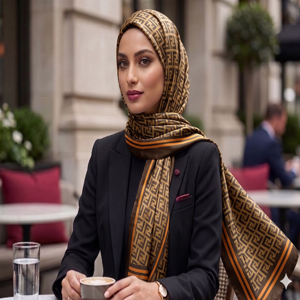 Classic Brown Geometric Silk Scarf – Elegant Patterned Luxury Wrap