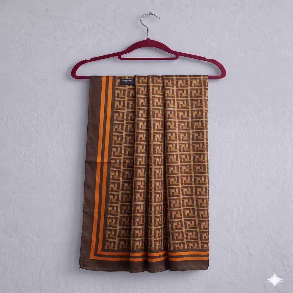 Classic Brown Geometric Silk Scarf – Elegant Patterned Luxury Wrap