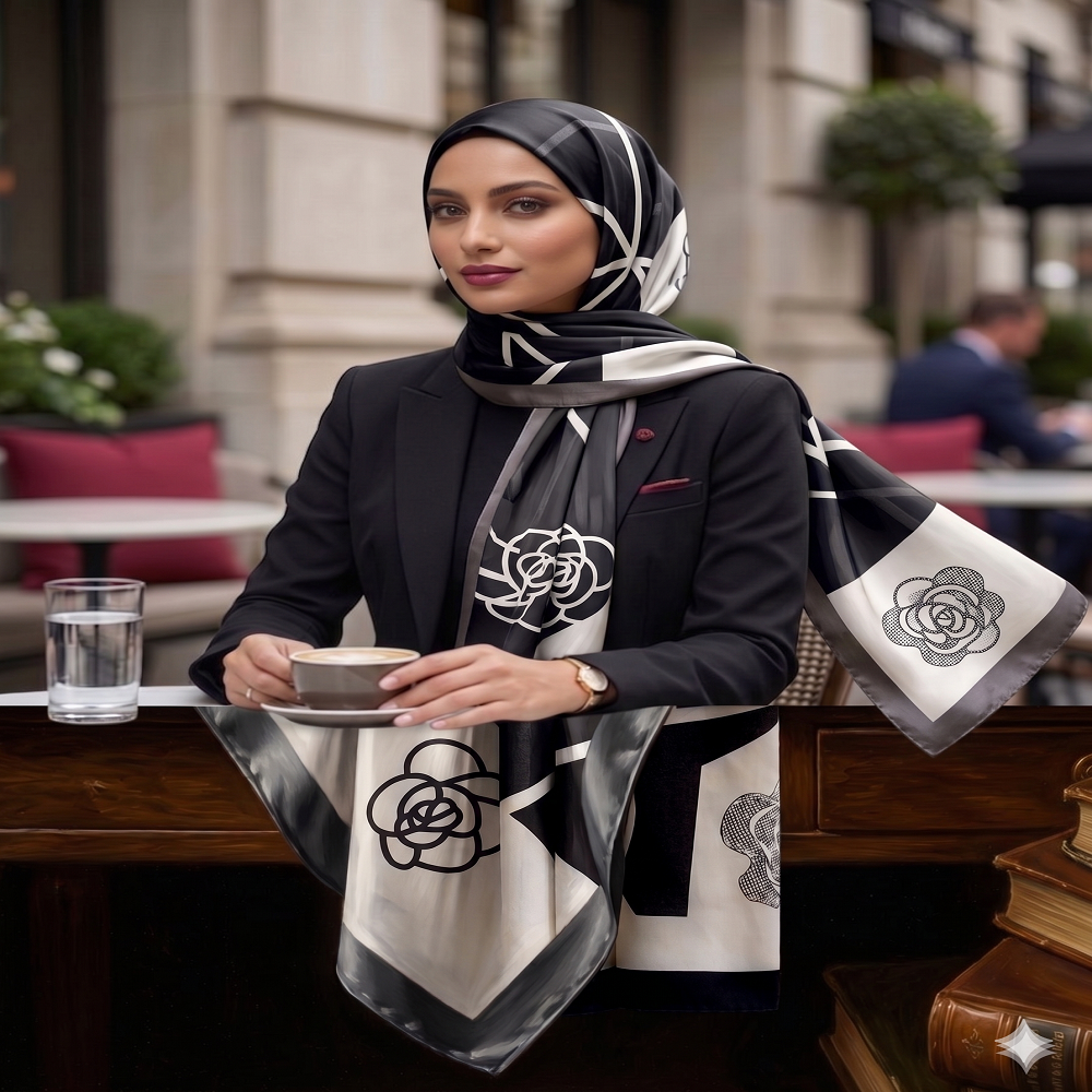 Elegant Black & White Floral Silk Scarf