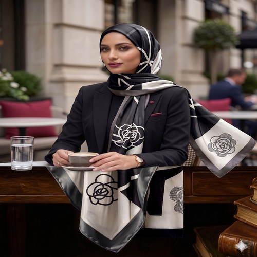 Elegant Black & White Floral Silk Scarf