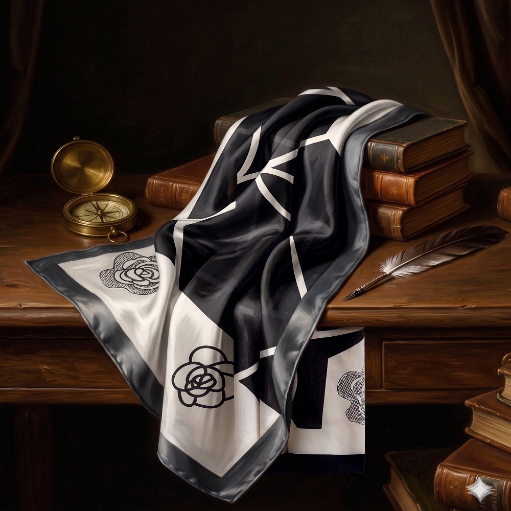 Elegant Black & White Floral Silk Scarf