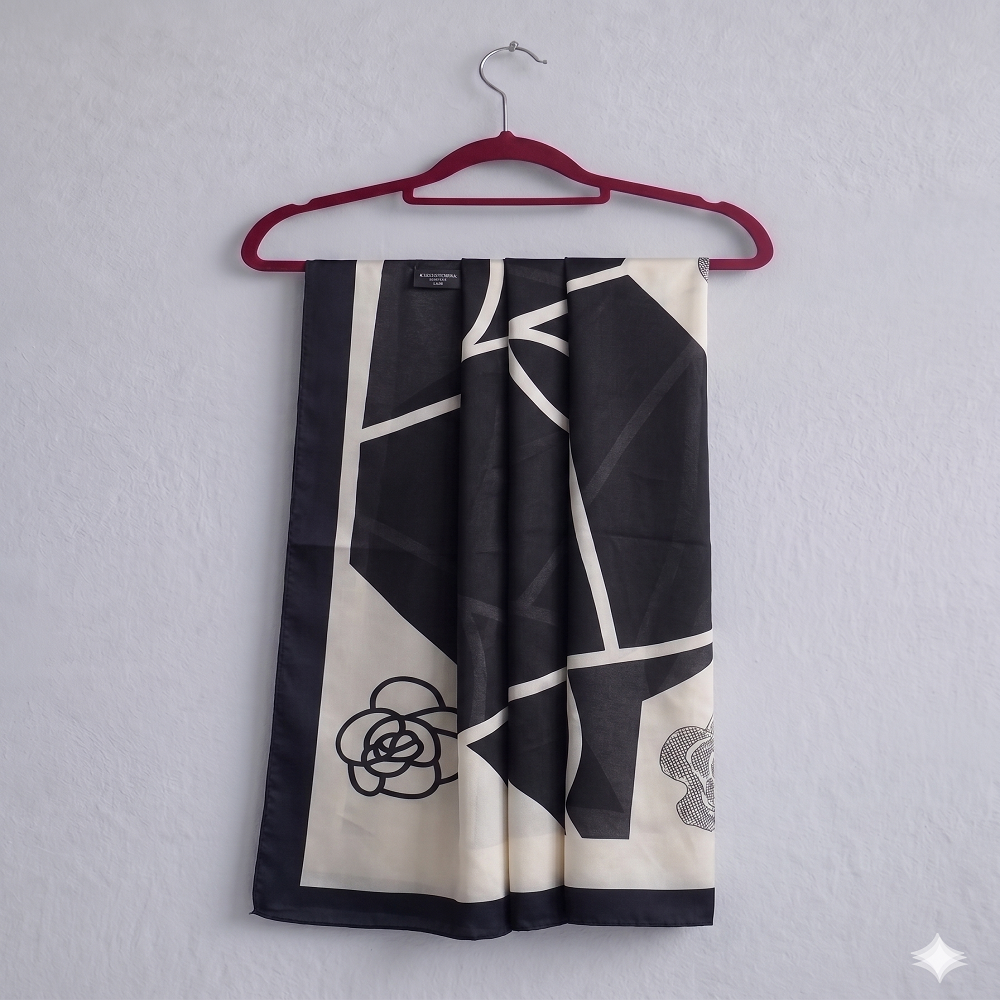 Elegant Black & White Floral Silk Scarf
