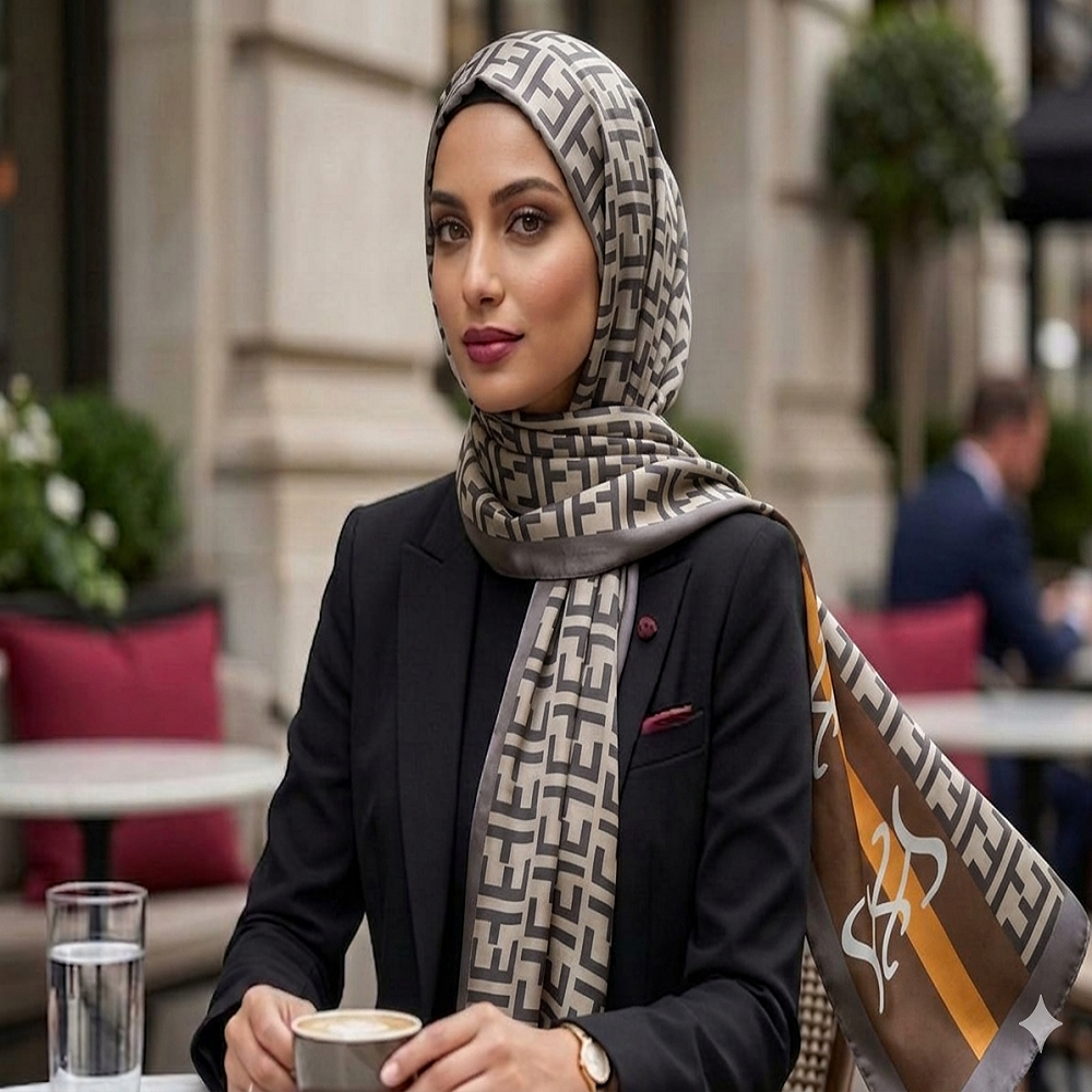 Elegant Geometric Print Hijab – Brown & Beige Luxury Style
