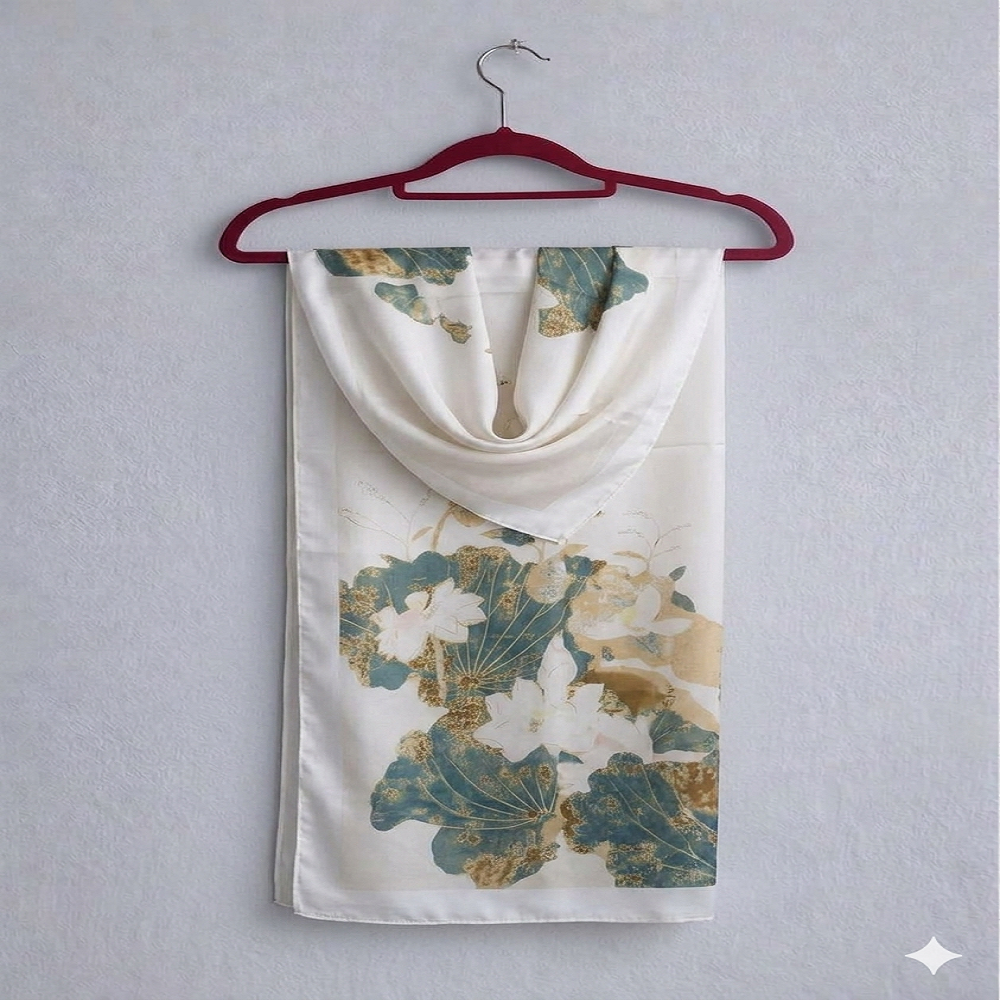 Elegant Ivory Floral Silk Scarf – Timeless Luxury Statement Wrap