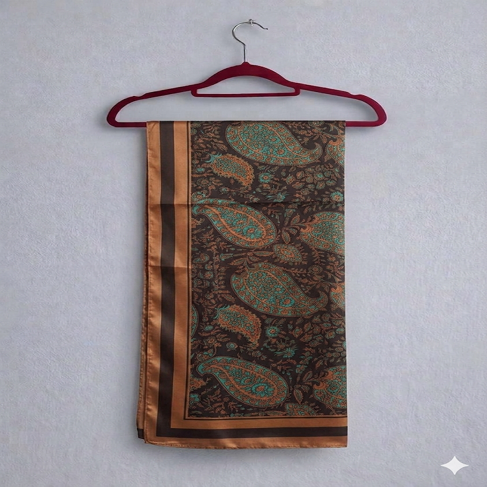 Elegant Paisley Silk Scarf – Teal & Brown Vintage Style Luxury Wrap