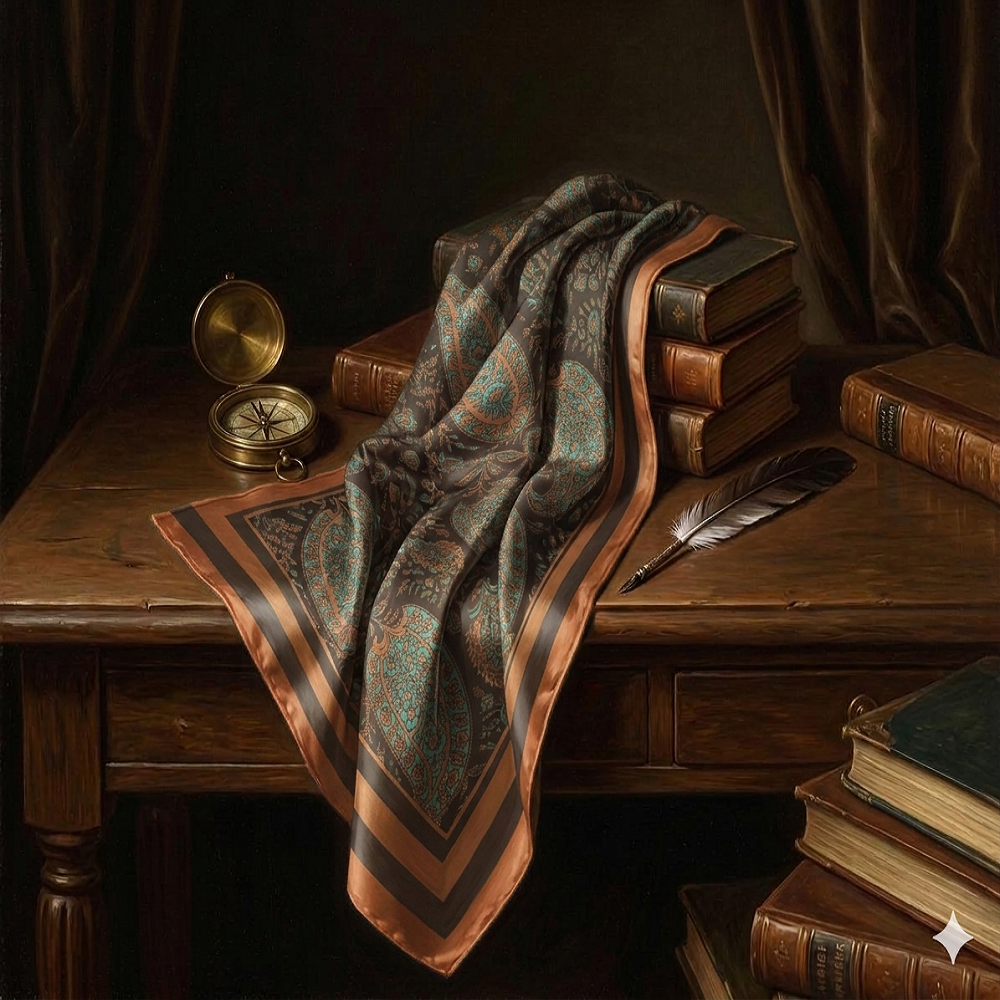 Elegant Paisley Silk Scarf – Teal & Brown Vintage Style Luxury Wrap