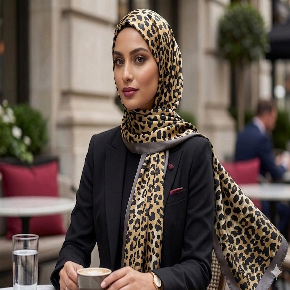 Luxury Silk Leopard Print Hijab – Brown & Black