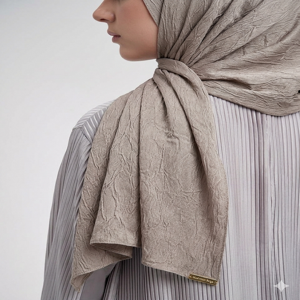 Luxury Silky Crinkle Hijab – Soft Taupe Neutral Shade