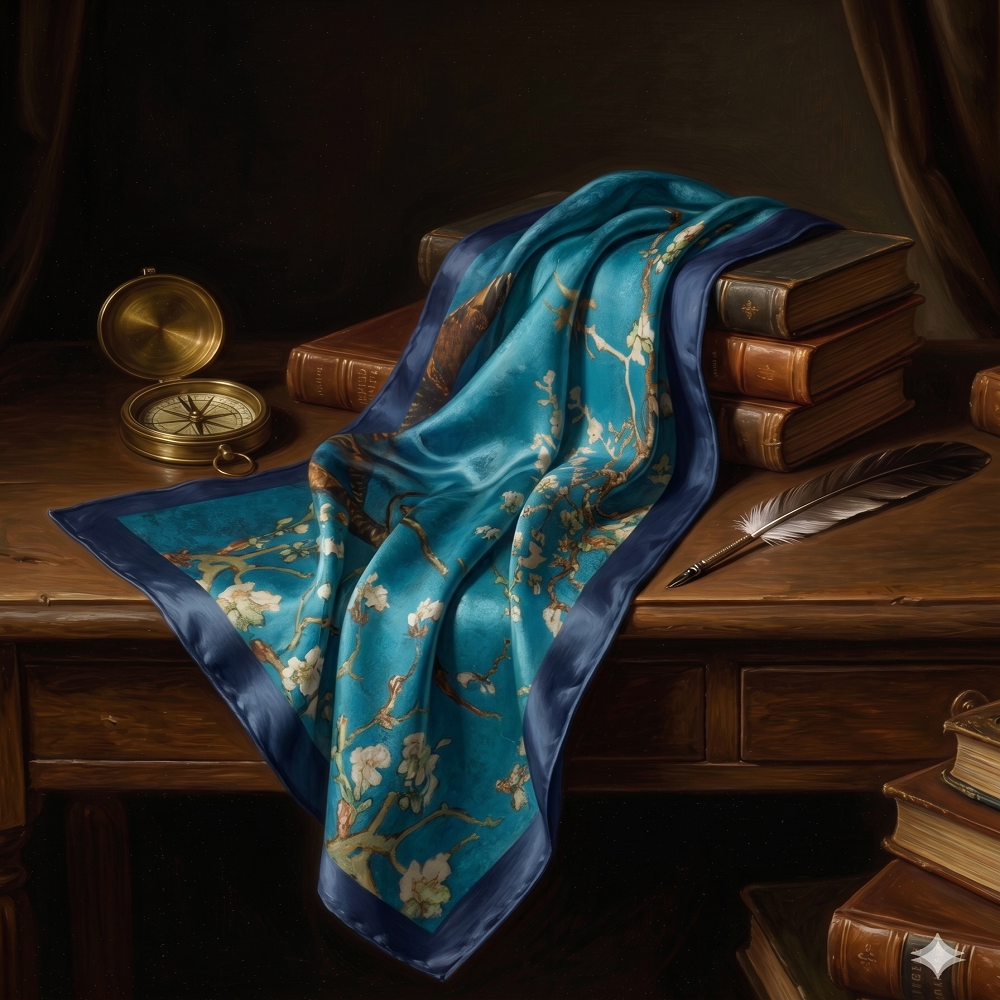 Luxury Teal Blossom Silk Scarf – Elegant Artistic Print Wrap