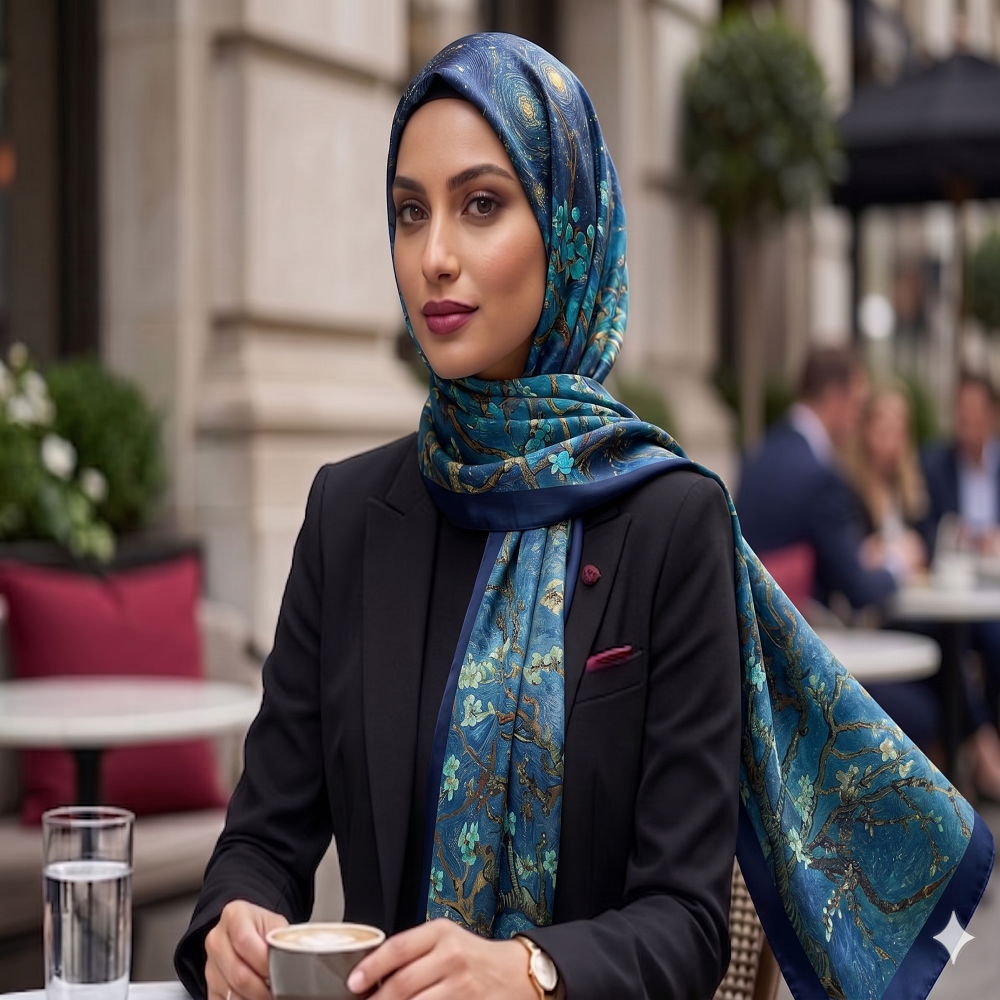 Luxury Teal Blossom Silk Scarf – Elegant Artistic Print Wrap