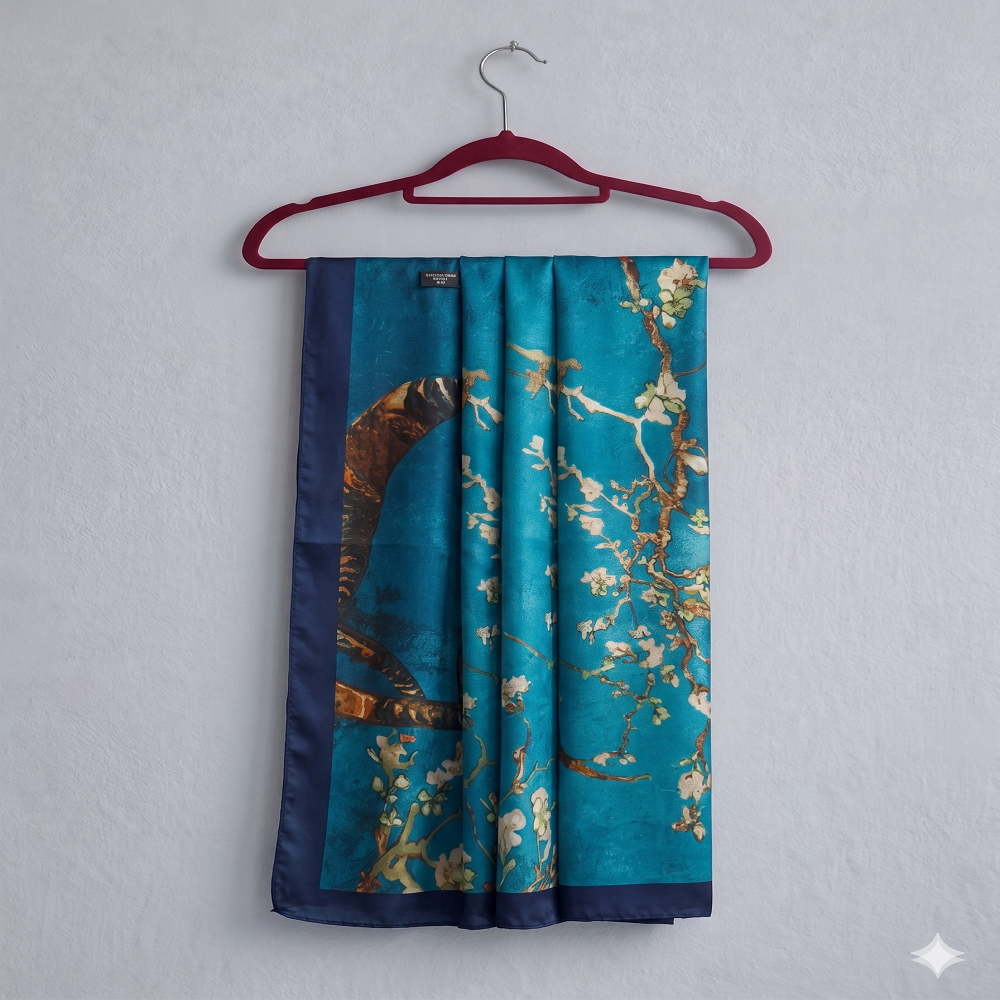 Luxury Teal Blossom Silk Scarf – Elegant Artistic Print Wrap